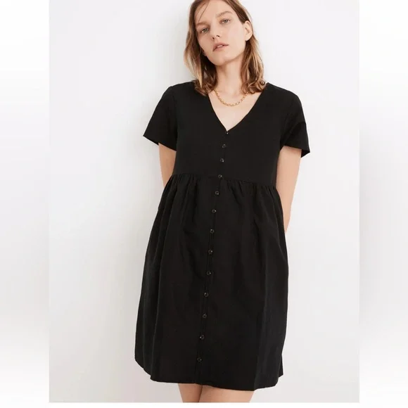 Madewell Linen Blend V-Neck Button Front Mini Dress - Black - S